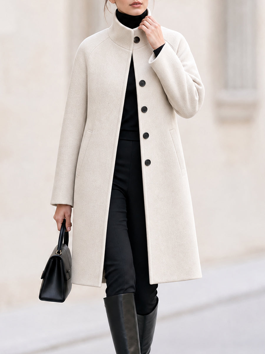 Stand Collar Raglan Sleeve Mid Length Wool Blend Coat