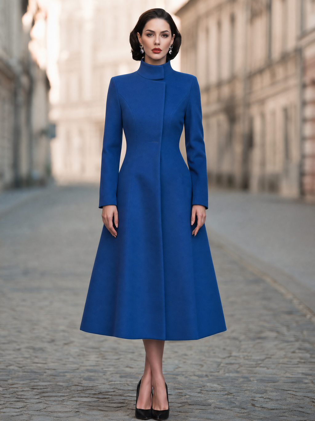 Sculpted High-Neck A-Line Midi Coat