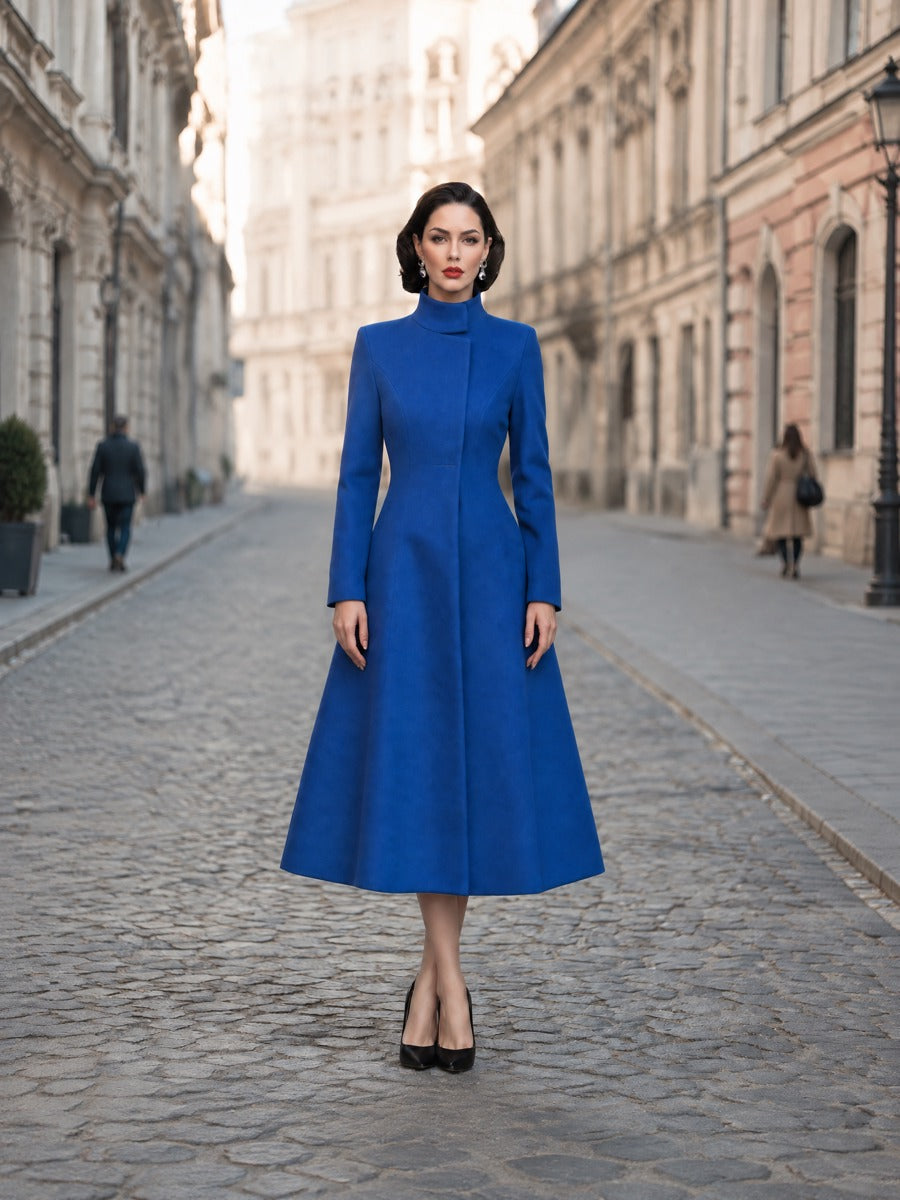Sculpted High-Neck A-Line Midi Coat