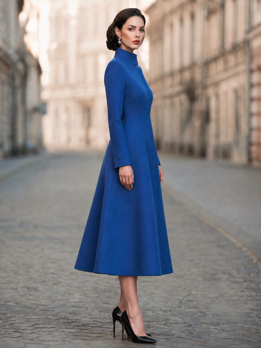 Sculpted High-Neck A-Line Midi Coat