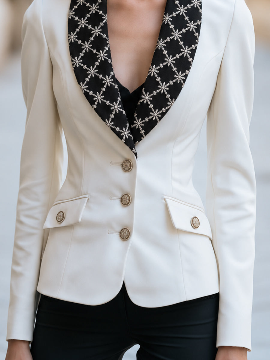 Embellished Contrast-Collar Tailored Blazer