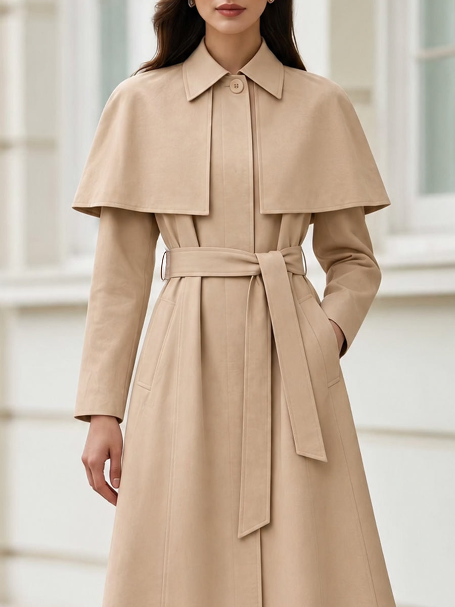 Cape Collar Belted A-Line Midi Trench Coat