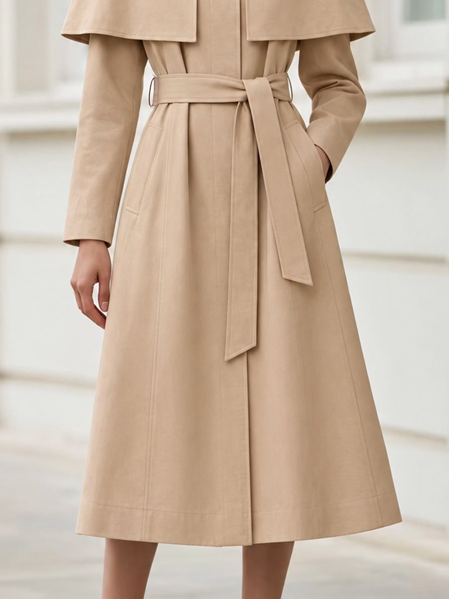 Cape Collar Belted A-Line Midi Trench Coat