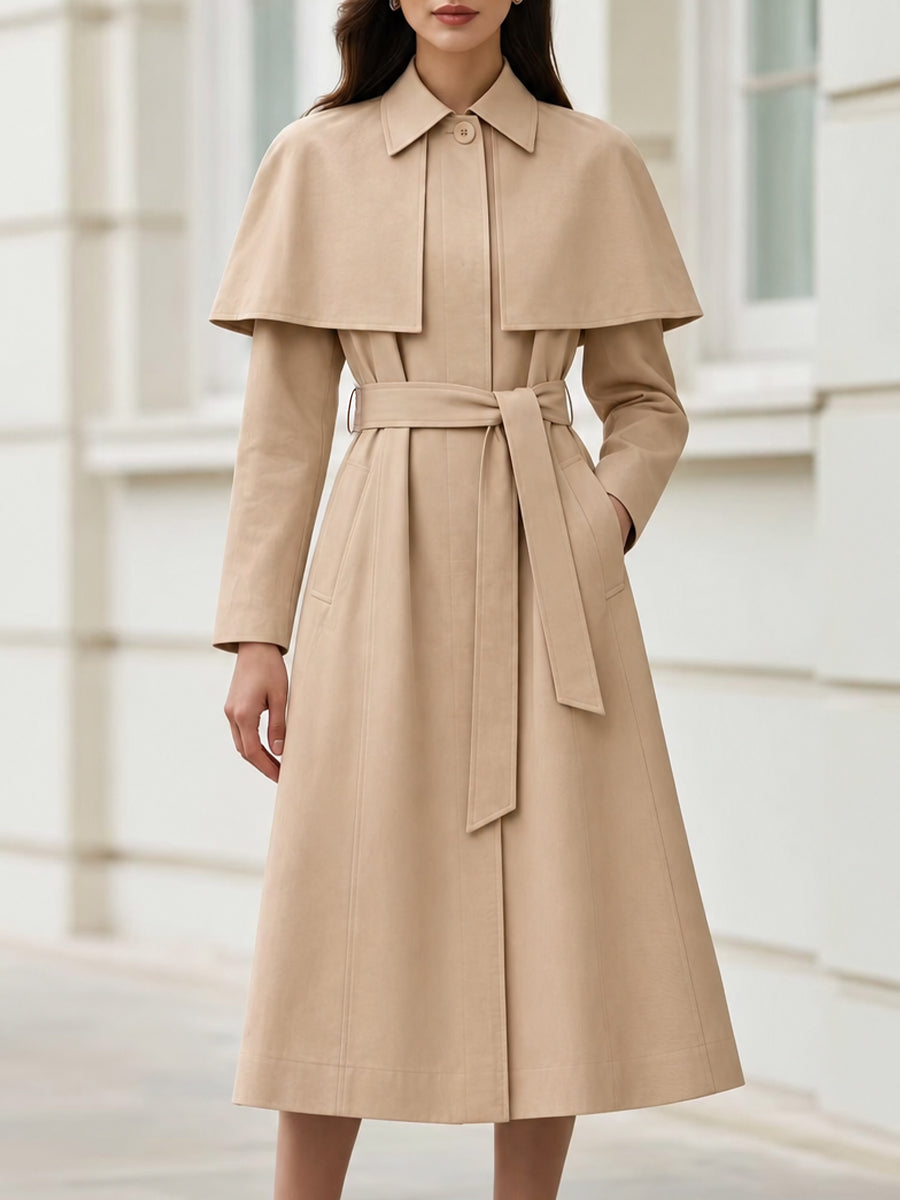 Cape Collar Belted A-Line Midi Trench Coat