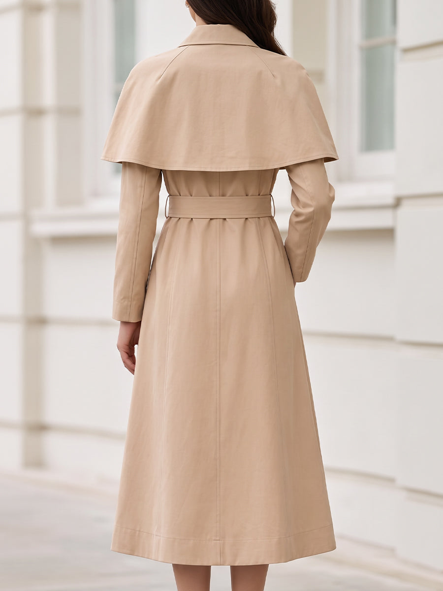 Cape Collar Belted A-Line Midi Trench Coat
