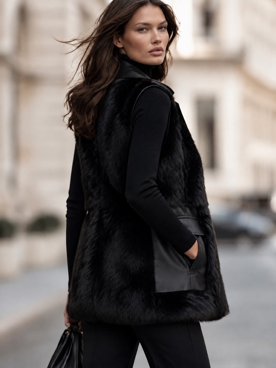 Longline Faux Fur Trimmed Vest With Notched Lapels And Patch Pockets