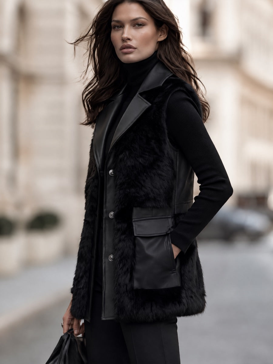 Longline Faux Fur Trimmed Vest With Notched Lapels And Patch Pockets