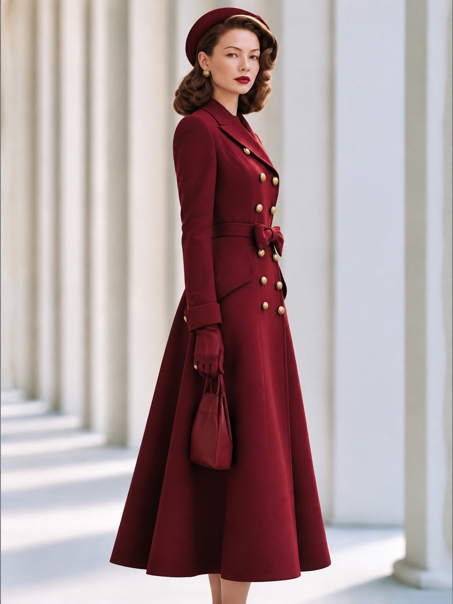 Women's Vintage Double-Breasted Belted Wool-Blend Long Coat
