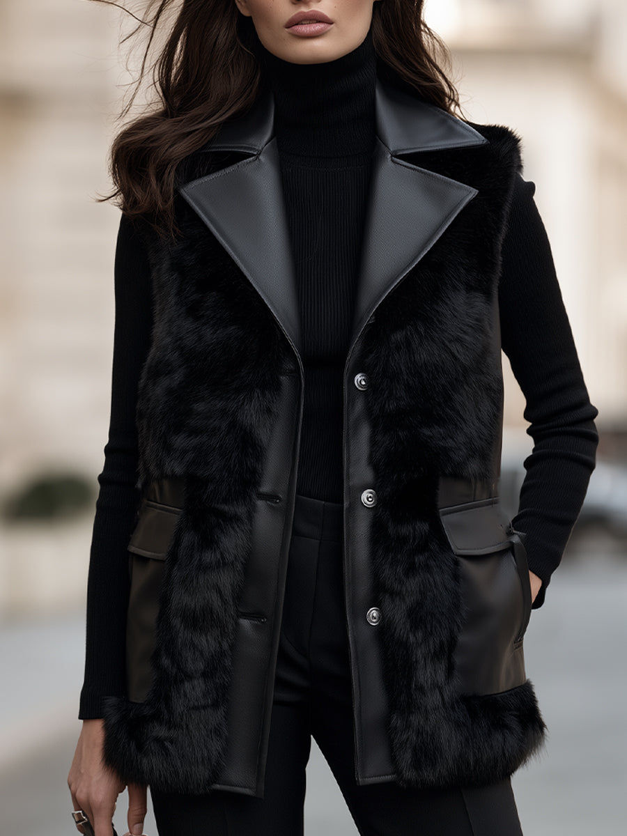 Longline Faux Fur Trimmed Vest With Notched Lapels And Patch Pockets