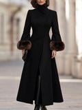 Elegant Faux Fur Cuff Long Wool Blend Coat with Stand Collar