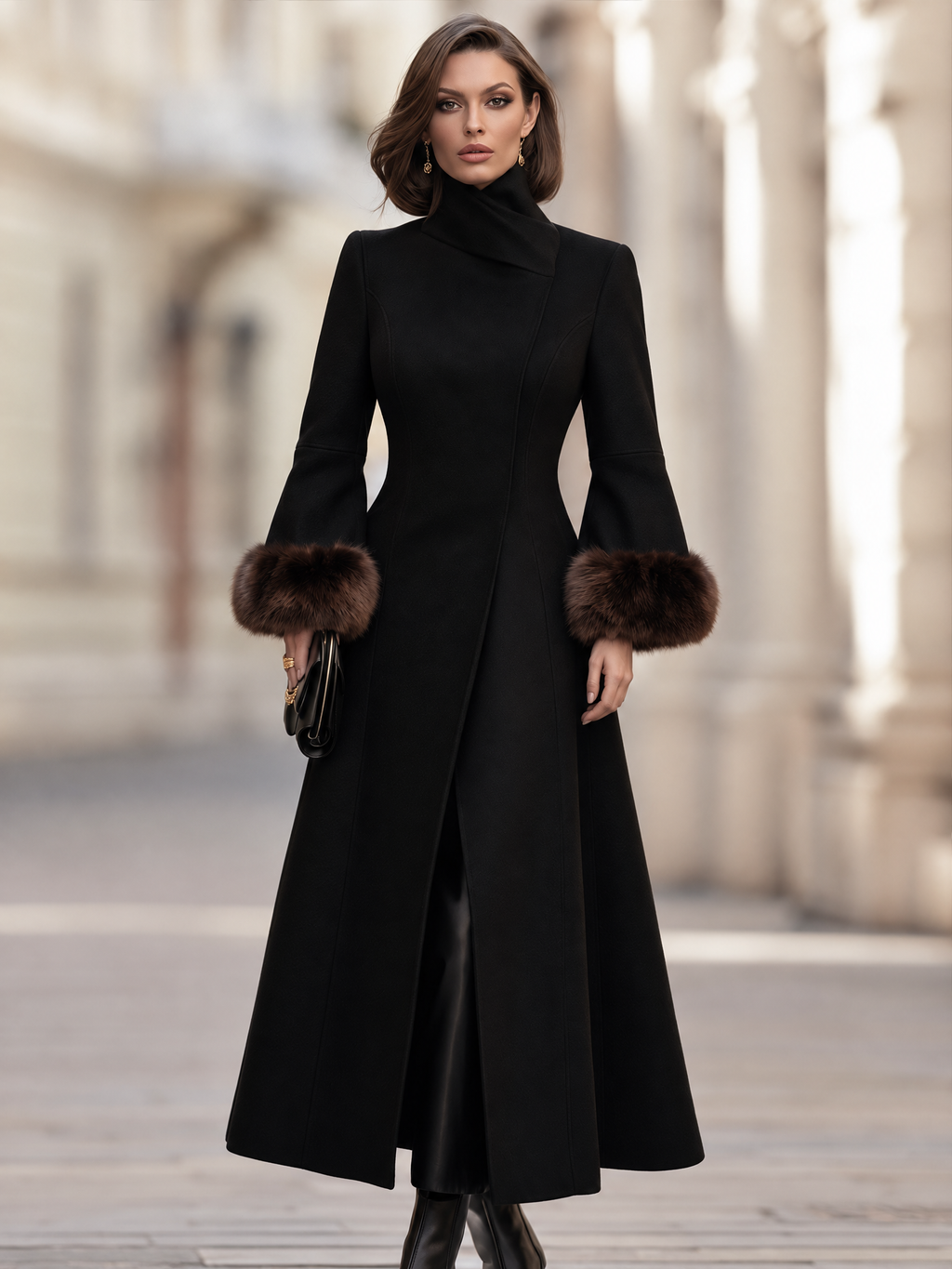 Elegant Faux Fur Cuff Long Wool Blend Coat with Stand Collar