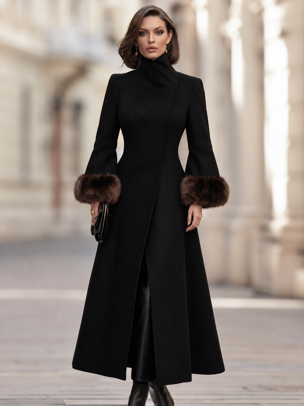 Elegant Faux Fur Cuff Long Wool Blend Coat with Stand Collar