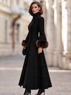 Elegant Faux Fur Cuff Long Wool Blend Coat with Stand Collar