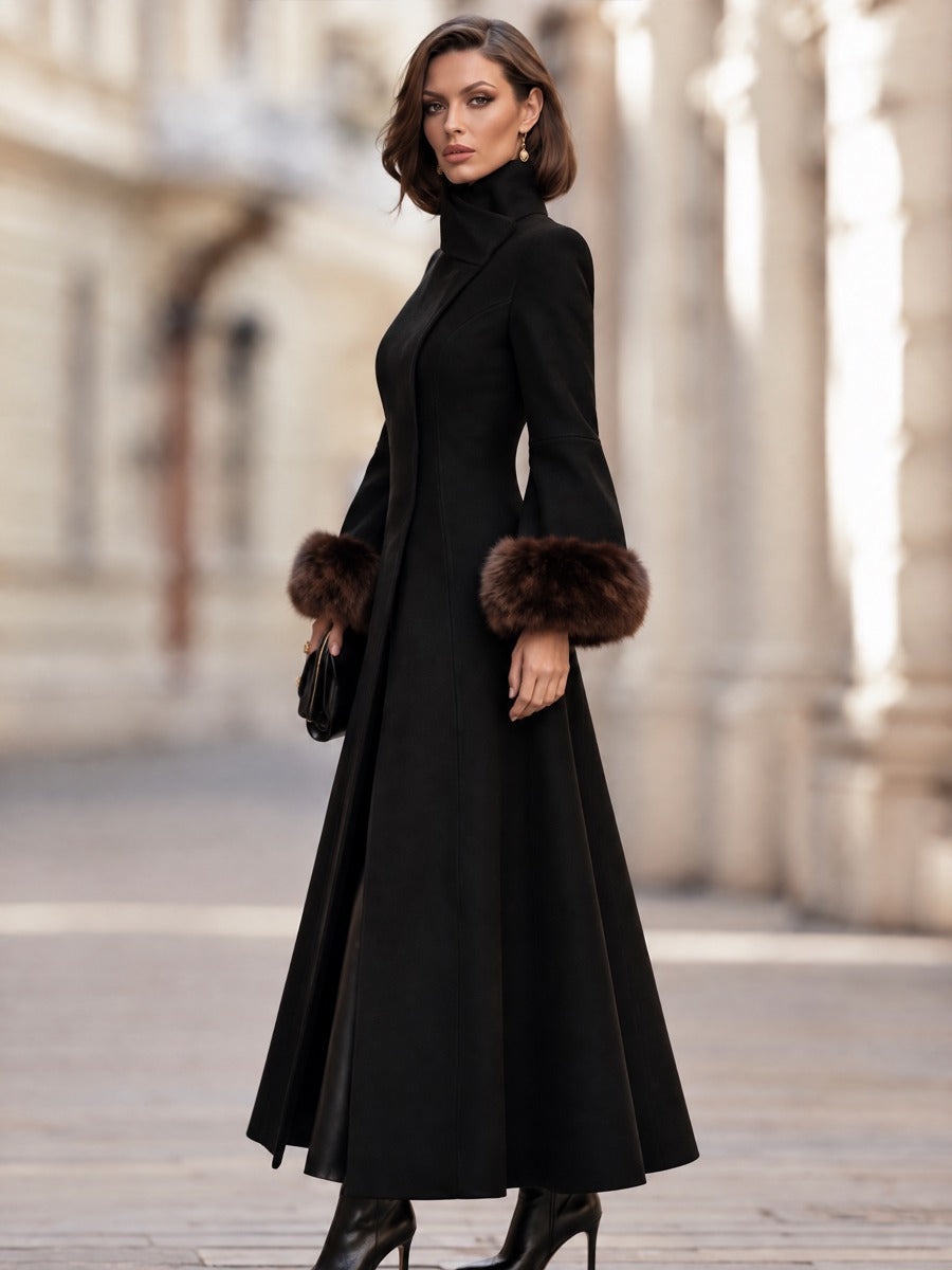 Elegant Faux Fur Cuff Long Wool Blend Coat with Stand Collar