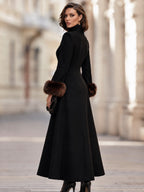 Elegant Faux Fur Cuff Long Wool Blend Coat with Stand Collar