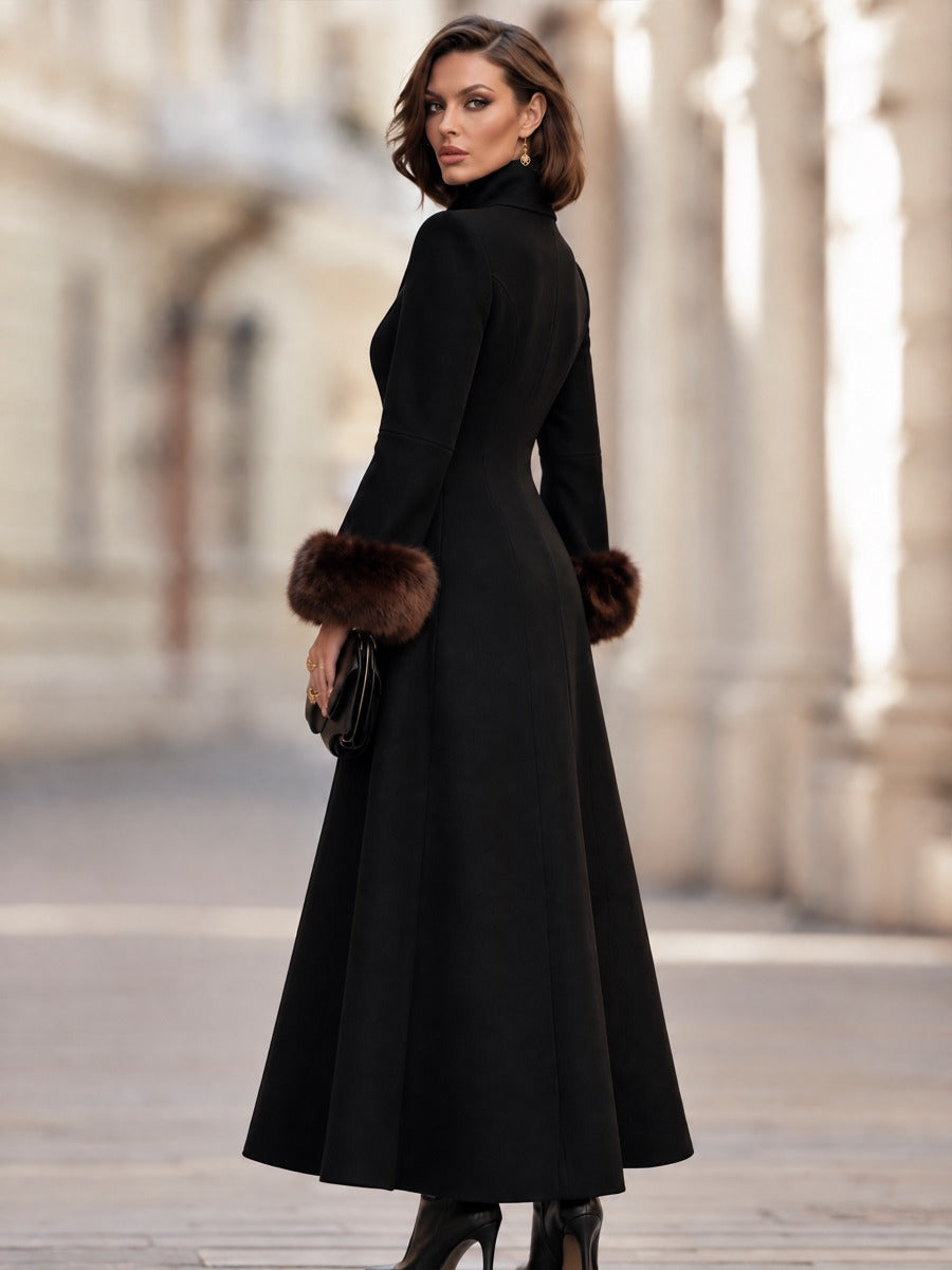Elegant Faux Fur Cuff Long Wool Blend Coat with Stand Collar
