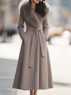 Faux Fur Shawl-Collar Belted Wool Fit-and-Flare Maxi Coat
