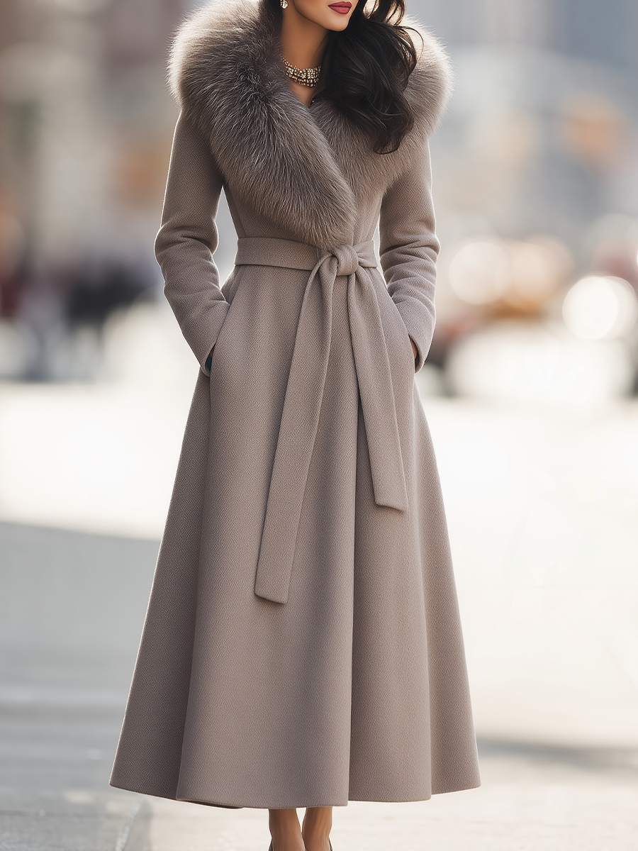 Faux Fur Shawl-Collar Belted Wool Fit-and-Flare Maxi Coat