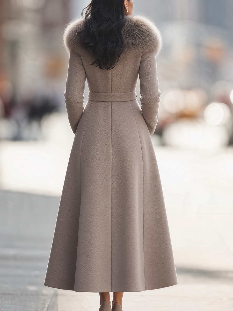 Faux Fur Shawl-Collar Belted Wool Fit-and-Flare Maxi Coat