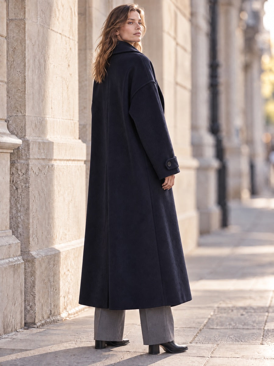 Oversized Long Wool Blend Coat with Notched Lapel