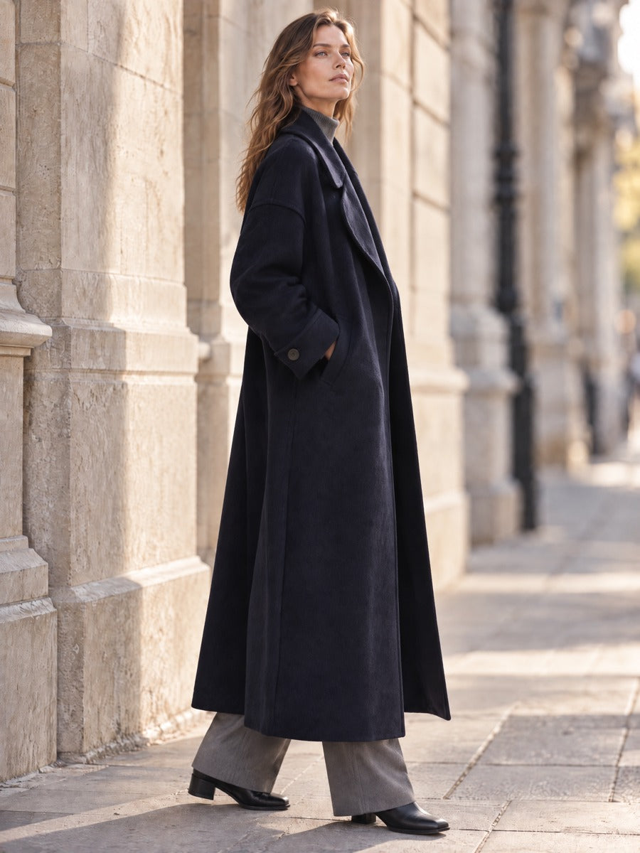 Oversized Long Wool Blend Coat with Notched Lapel