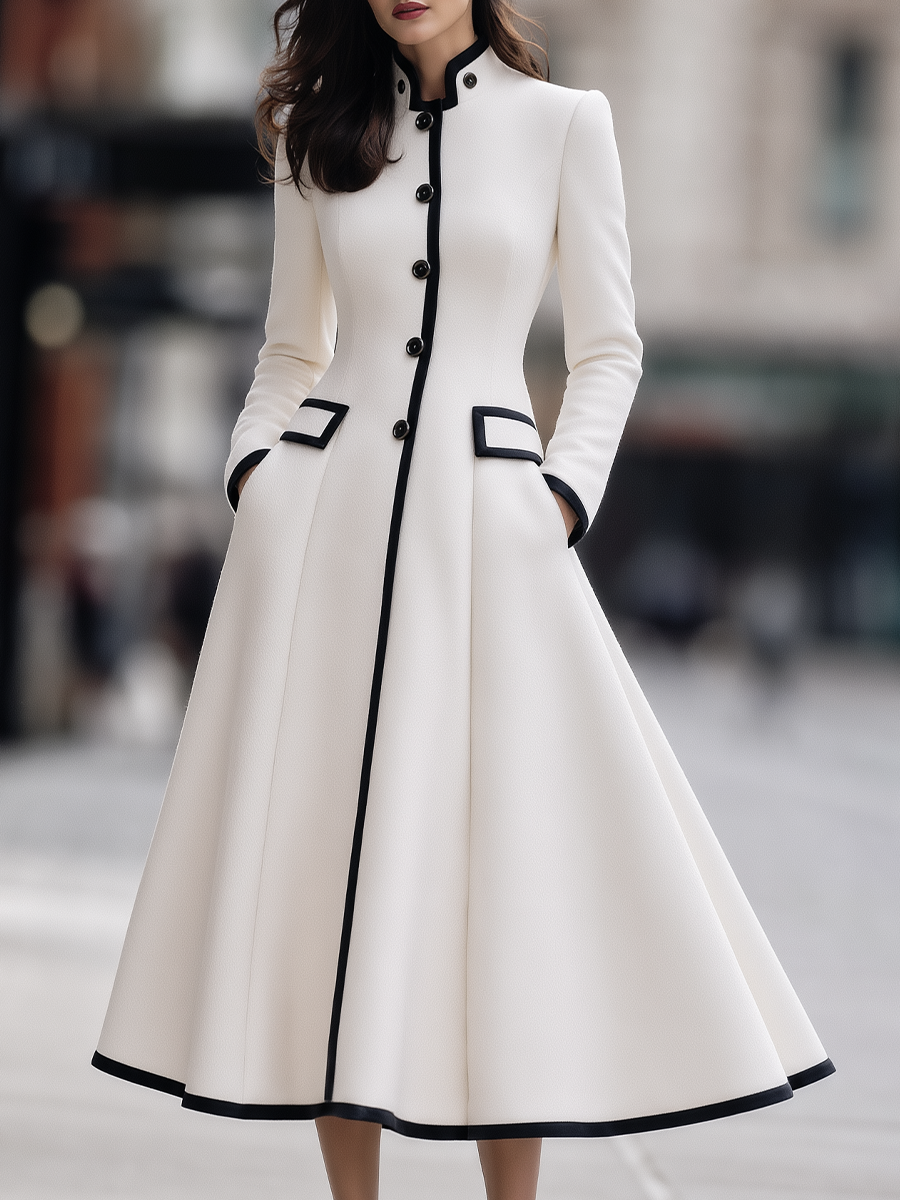 Contrast Piped Stand-Collar Button-Front Fit-and-Flare Midi Coat