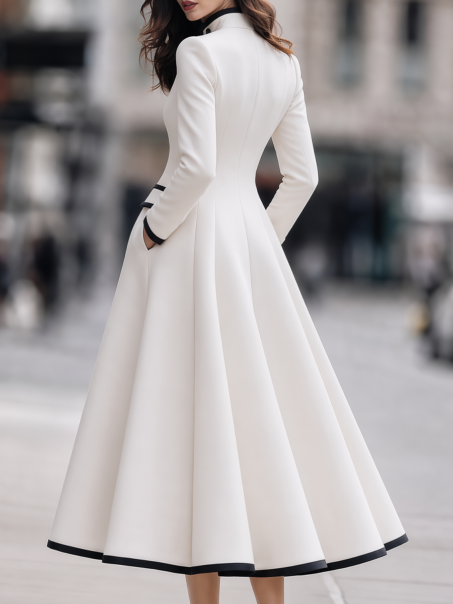 Contrast Piped Stand-Collar Button-Front Fit-and-Flare Midi Coat