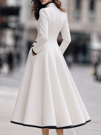 Contrast Piped Stand-Collar Button-Front Fit-and-Flare Midi Coat