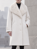 Elegant Faux Curly Fur Collar Wool Blend Mid-Length Coat