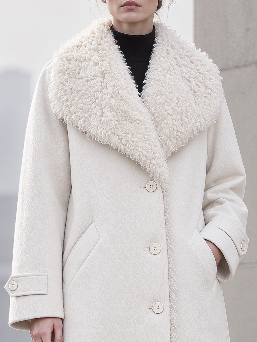 Elegant Faux Curly Fur Collar Wool Blend Mid-Length Coat