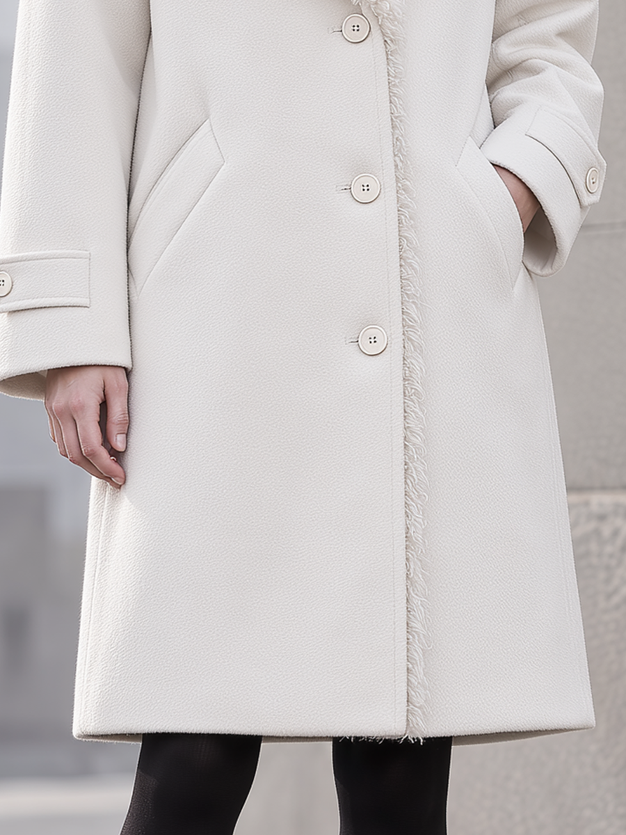 Elegant Faux Curly Fur Collar Wool Blend Mid-Length Coat
