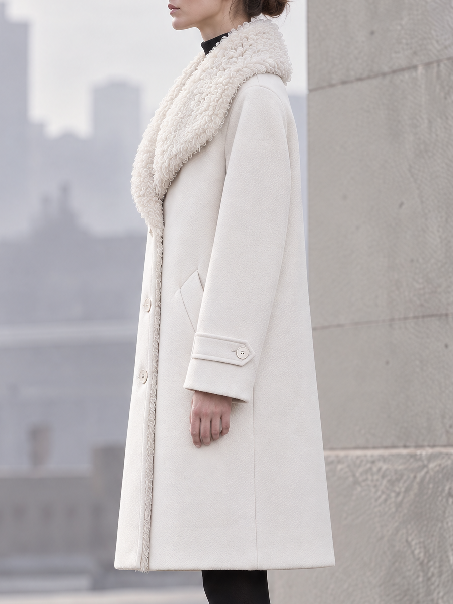 Elegant Faux Curly Fur Collar Wool Blend Mid-Length Coat