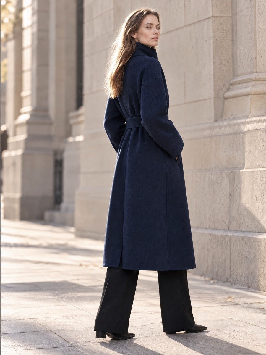 Women's Belted Wrap Wool Coat - Oversized Collar Long Trench