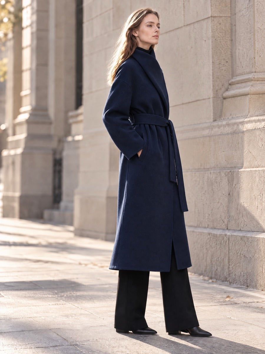 Women's Belted Wrap Wool Coat - Oversized Collar Long Trench
