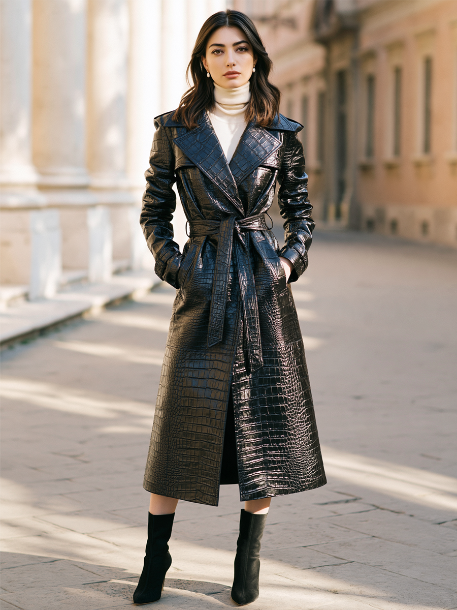 Croc Embossed Faux Leather Notched Lapel Coat