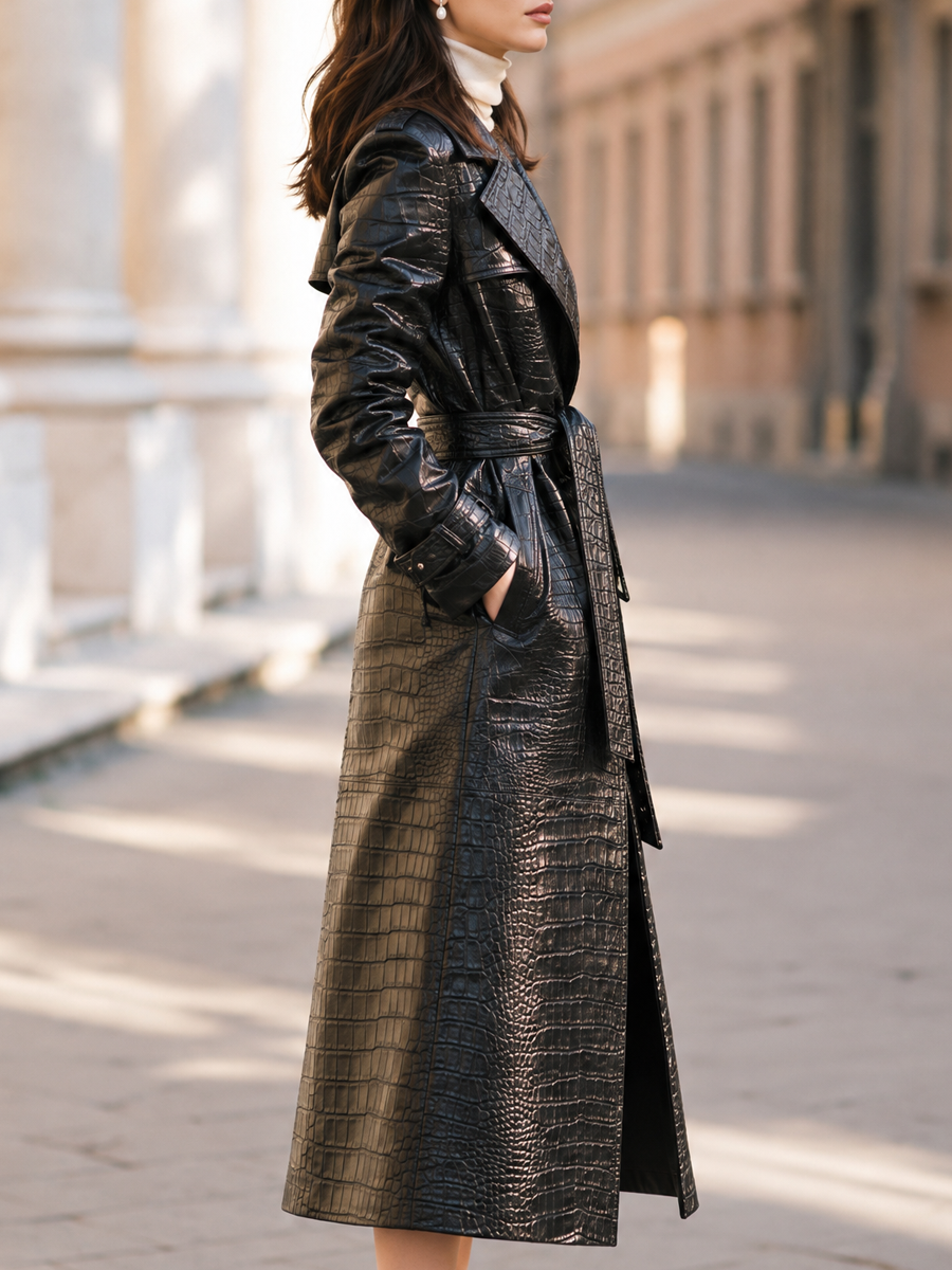 Croc Embossed Faux Leather Notched Lapel Coat