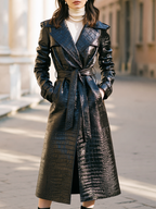 Croc Embossed Faux Leather Notched Lapel Coat