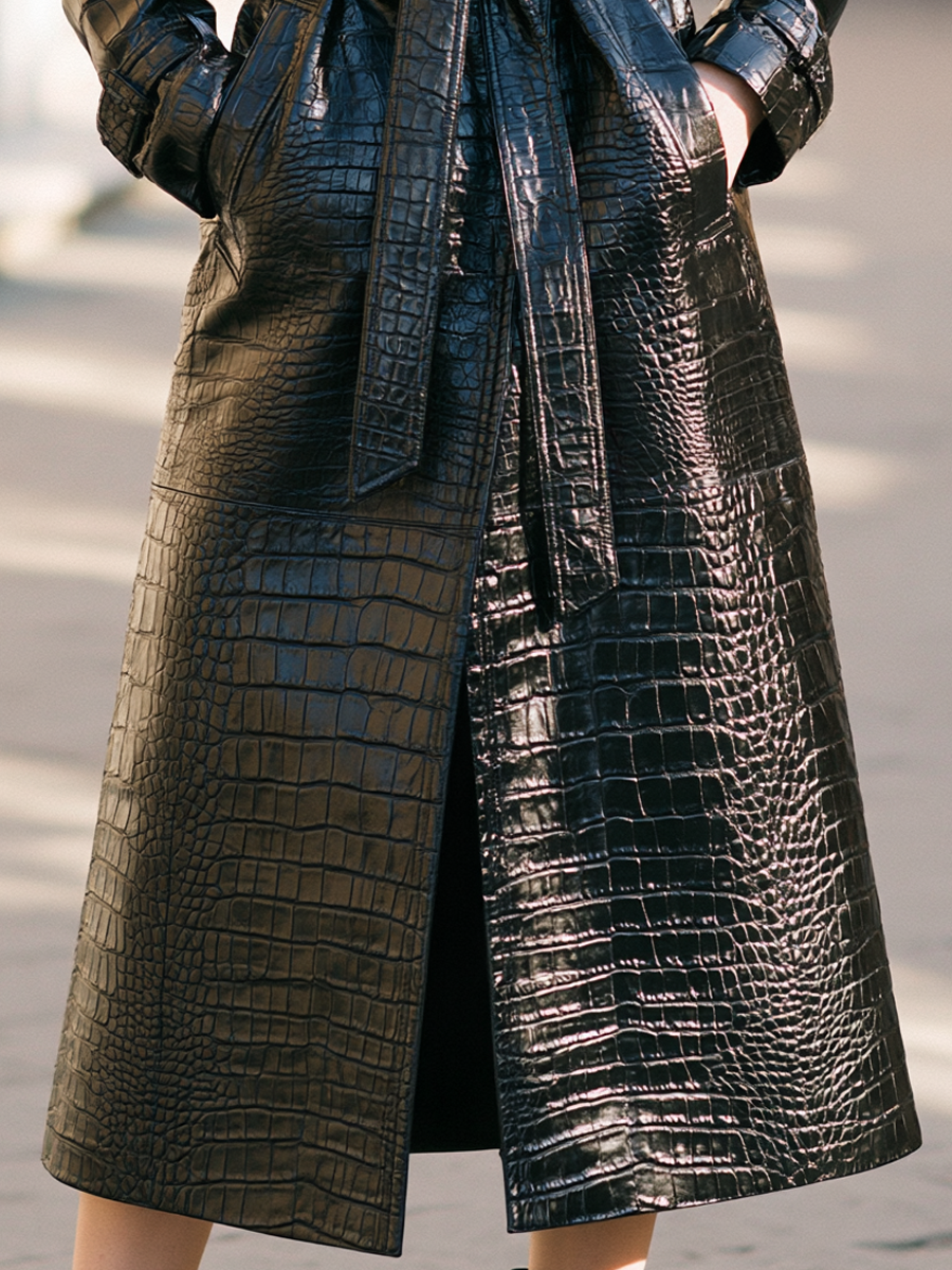 Croc Embossed Faux Leather Notched Lapel Coat