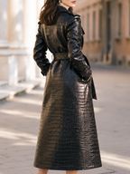 Croc Embossed Faux Leather Notched Lapel Coat