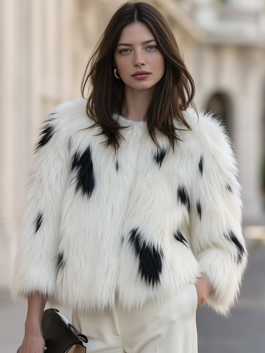 Cropped Collarless Faux Fur Jacket With Spotted Patterning