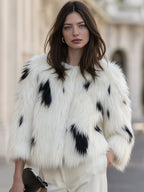 Cropped Collarless Faux Fur Jacket With Spotted Patterning