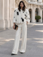 Cropped Collarless Faux Fur Jacket With Spotted Patterning