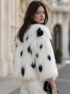 Cropped Collarless Faux Fur Jacket With Spotted Patterning