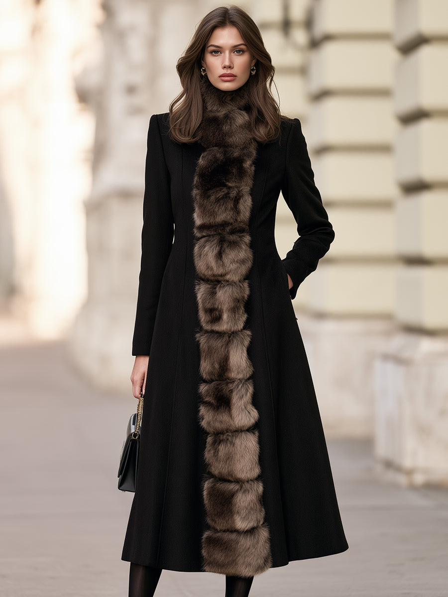Faux Fur Trimmed Stand Collar Longline Fit-and-Flare Coat