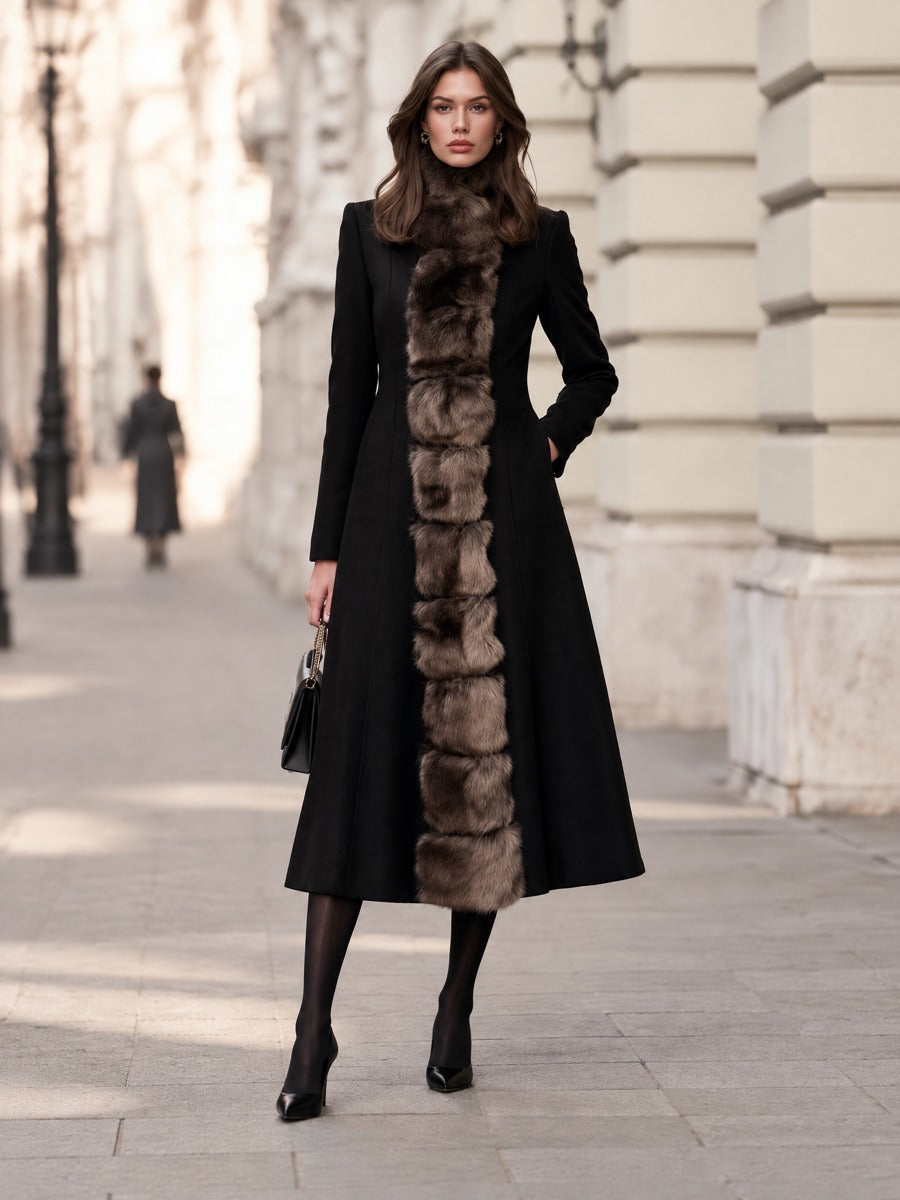 Faux Fur Trimmed Stand Collar Longline Fit-and-Flare Coat