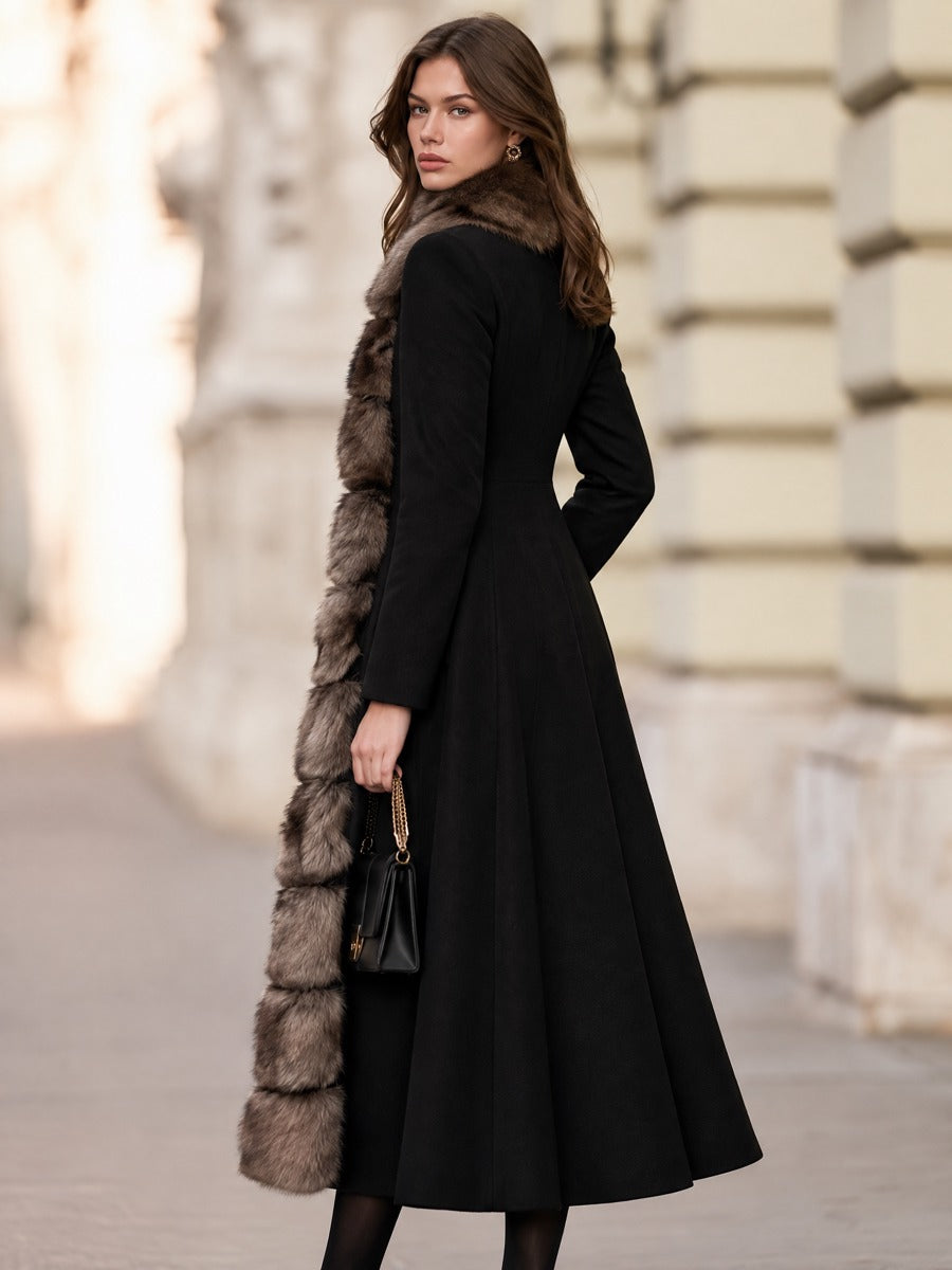 Faux Fur Trimmed Stand Collar Longline Fit-and-Flare Coat
