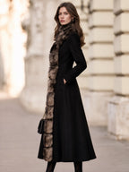 Faux Fur Trimmed Stand Collar Longline Fit-and-Flare Coat
