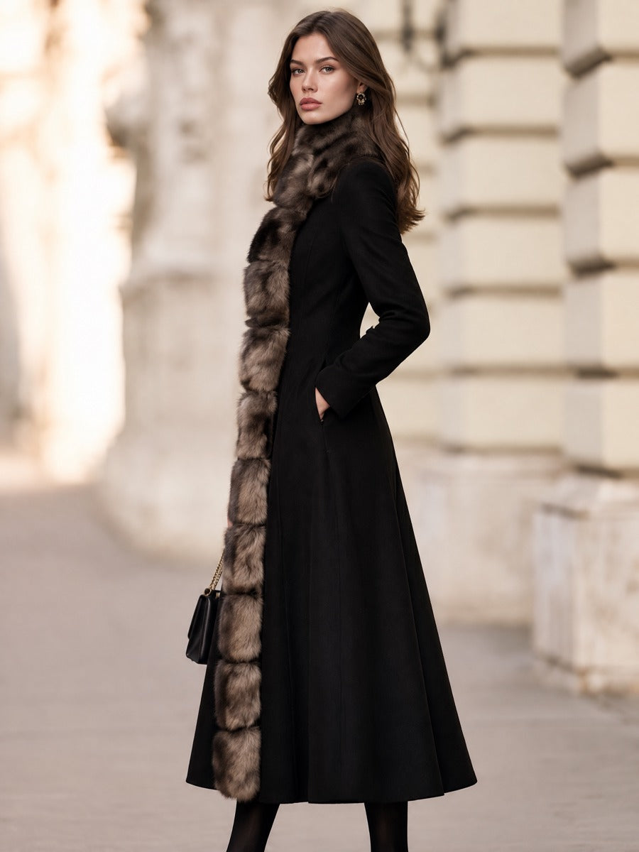 Faux Fur Trimmed Stand Collar Longline Fit-and-Flare Coat