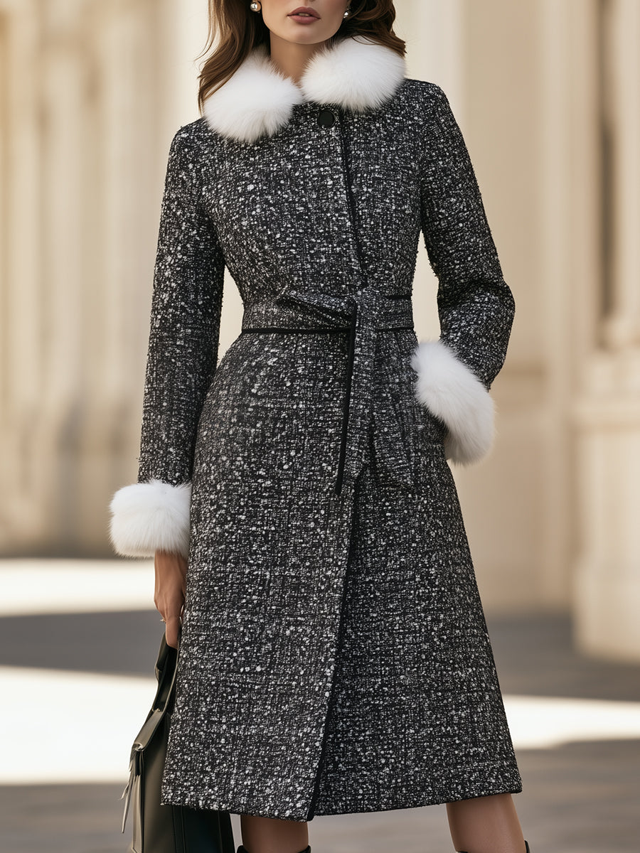 Faux Fur Collar Tweed Belted Long Coat