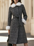 Faux Fur Collar Tweed Belted Long Coat